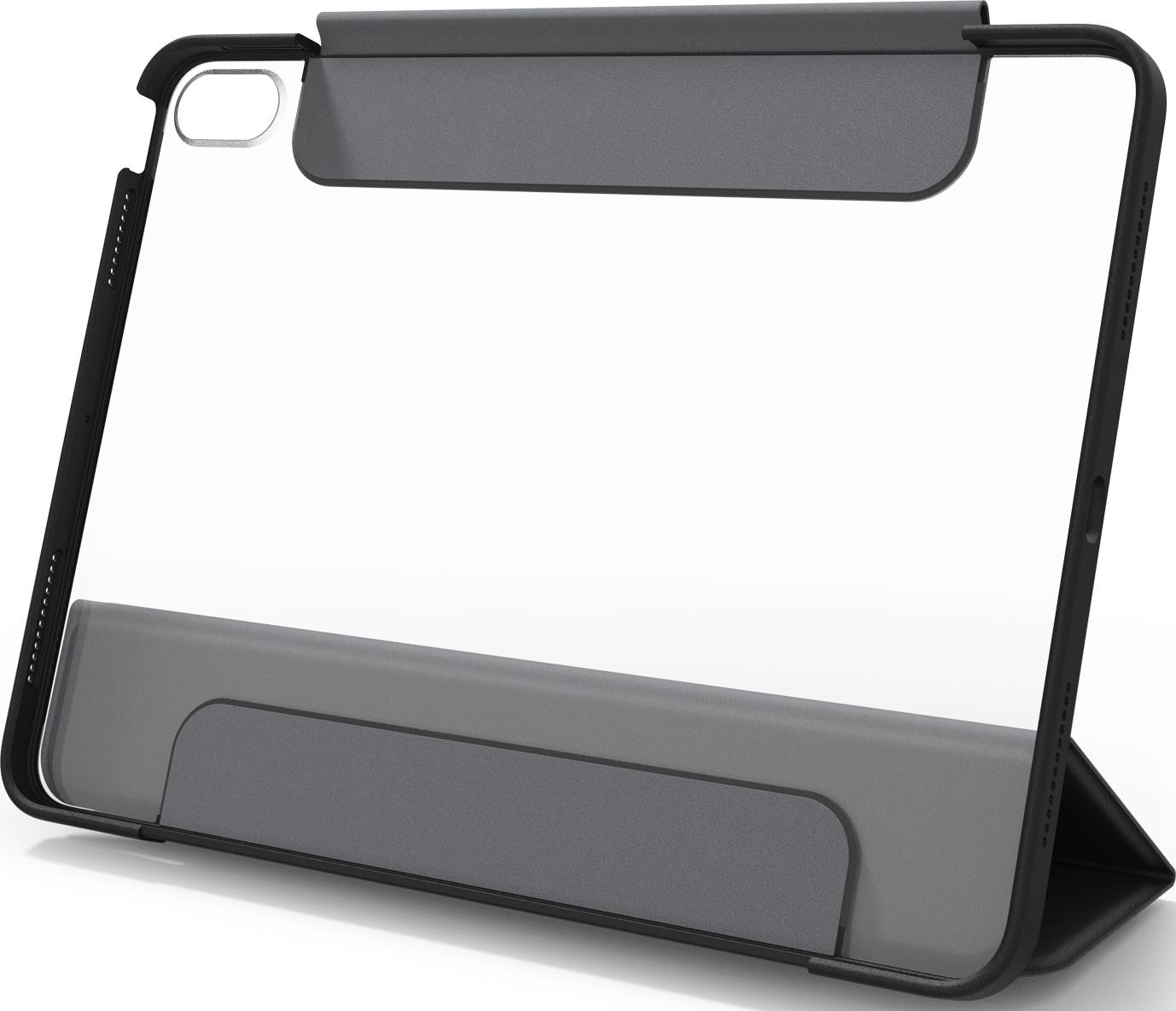 Custodia protettiva per tablet con funzione stand. In plastica nera e trasparente, offre protezione per lo schermo e il retro. Ideale per una presa salda.