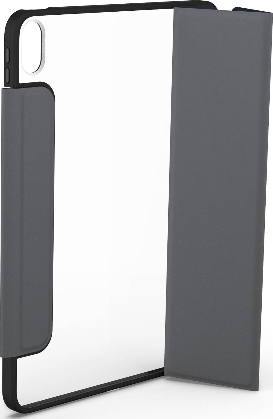 Un guscio grigio per tablet con funzione stand integrata e parte posteriore trasparente.