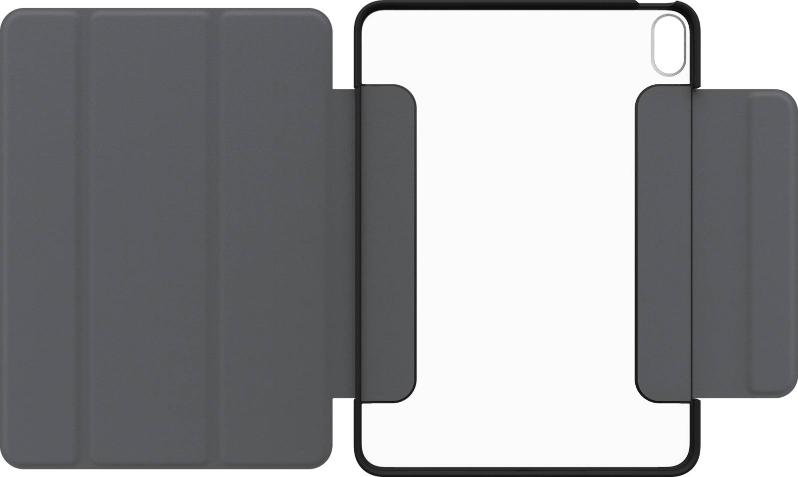 Custodia protettiva per tablet, aperta, con cornice nera e pannelli grigi, adatta a un dispositivo con foro per fotocamera in alto a destra.