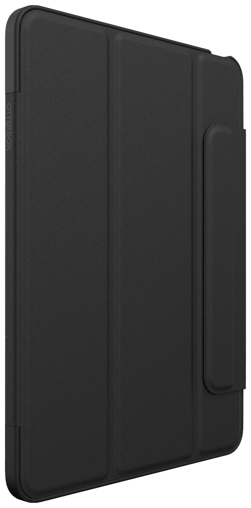 Custodia nera per tablet in posizione aperta, offre protezione e include un supporto per il posizionamento verticale.