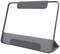 Custodia per tablet nera con supporto, aperta in un angolo per mantenere il dispositivo in posizione verticale, su sfondo bianco.