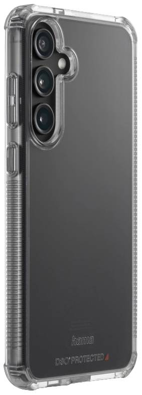 Cover trasparente per smartphone con texture laterale per una presa migliore. Protegge il retro di uno smartphone con tre obiettivi fotografici.