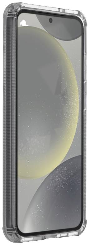 Smartphone con custodia protettiva, vista laterale, schermo che mostra un'immagine sfocata di una vista lunare.