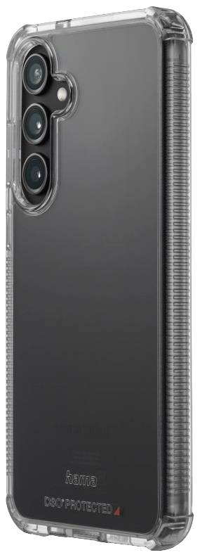 Custodia per smartphone trasparente con dispositivo nero, mostra i moduli delle fotocamere e gli angoli rinforzati per una protezione aggiuntiva.