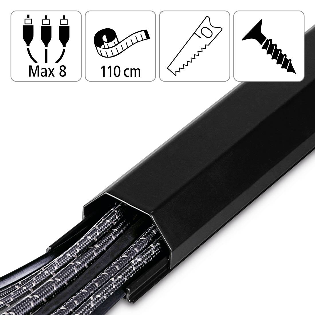 Canale per cavi, nero, con design a fessura aperta, tiene fino a 8 cavi, lungo 110 cm; installazione semplice con viti.