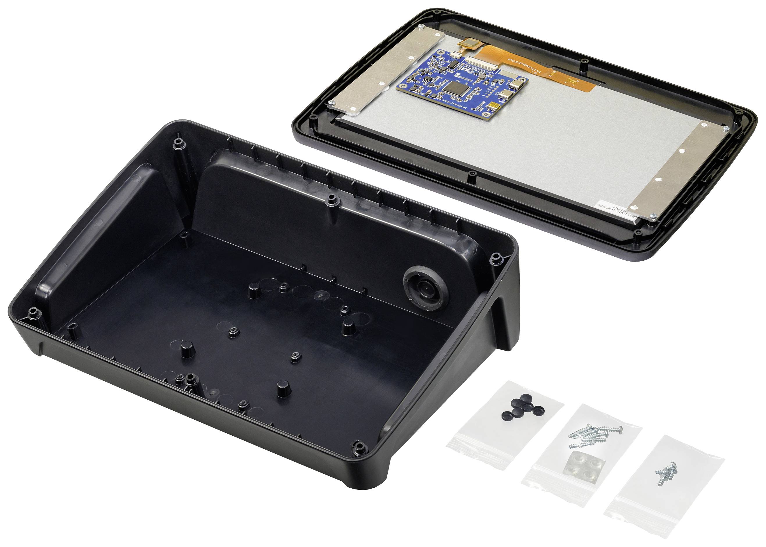 Involucro a due parti, aperto. Parte superiore con scheda a circuito stampato blu e display. Parte inferiore, vuota. Viti e piccoli componenti accanto.