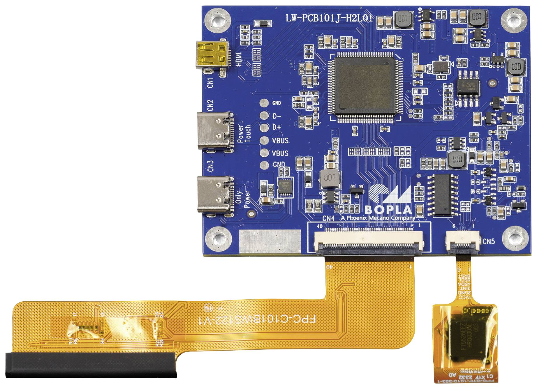 Una scheda microcontrollore con diversi componenti elettronici e connettori, incluse porte USB-C, su PCB blu.