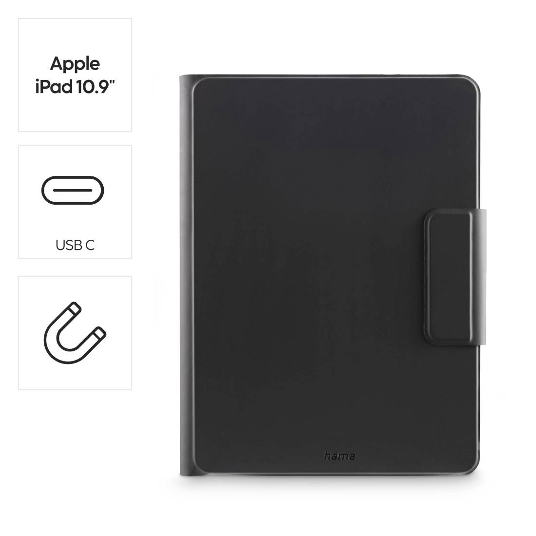 Custodia nera per iPad Apple da 10,9 pollici con porta USB-C e chiusura magnetica, prodotta da hama.