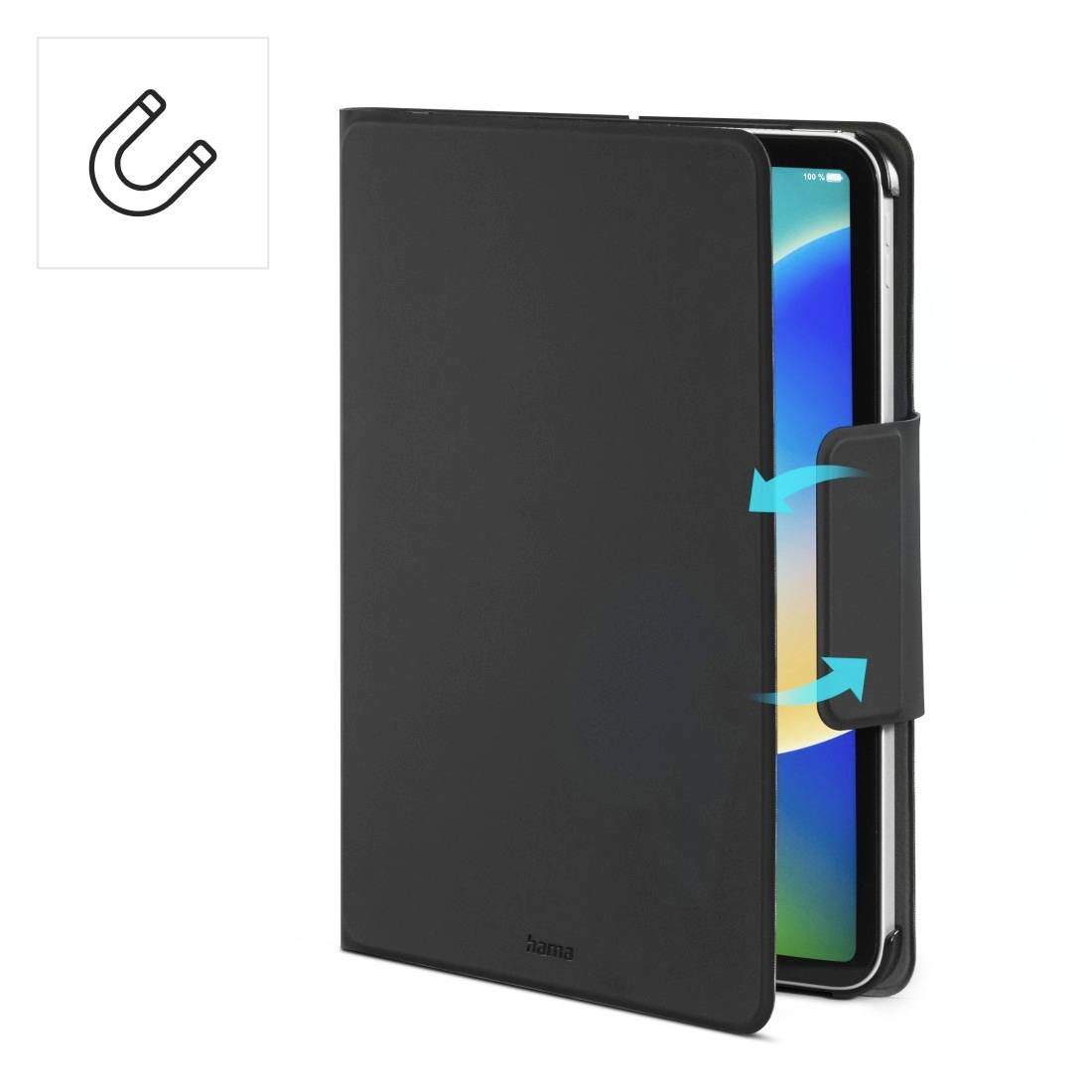 L'immagine mostra una cover per tablet di colore nero con chiusura magnetica per una presa sicura. Un semplice simbolo del magnete è visibile accanto.