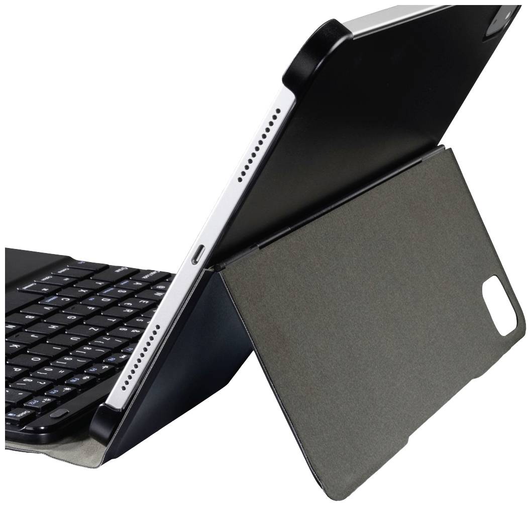 Un tablet in una custodia protettiva nera, posizionato in orizzontale, con una tastiera integrata.