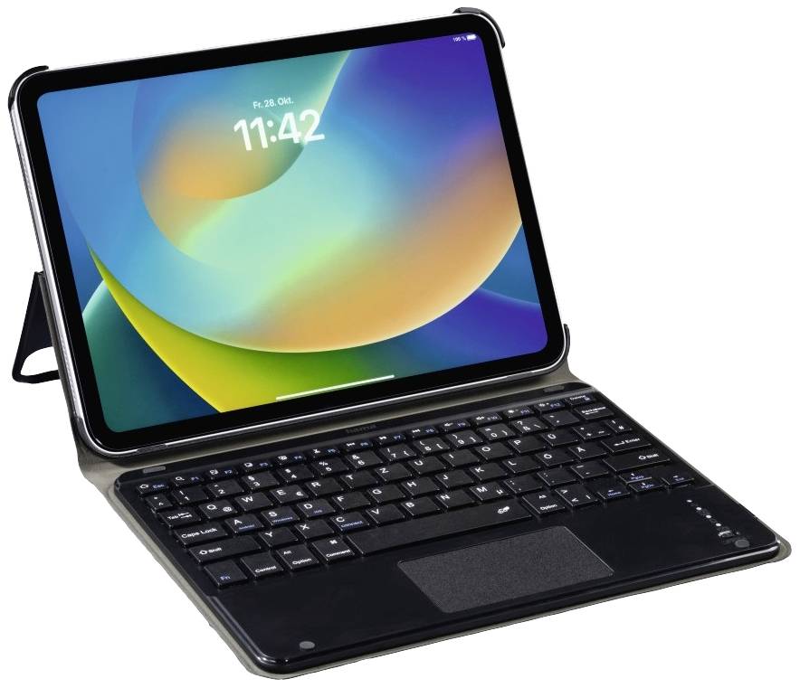 Un tablet con una vivace visualizzazione sullo schermo è poggiato su una custodia per tastiera che funge da supporto. Ora visualizzata sul display: 11:42.