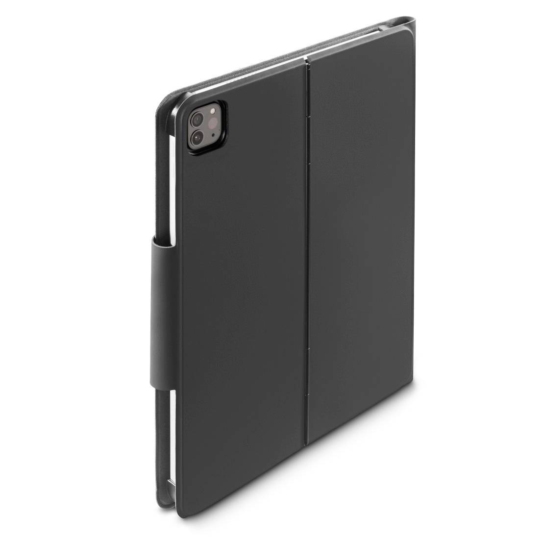 Tablet nero con custodia protettiva in posizione verticale, con fotocamera visibile nell'angolo superiore sinistro.