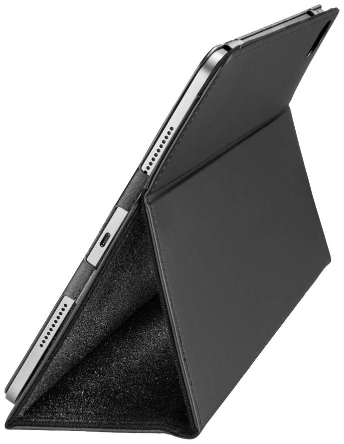 Un tablet in custodia protettiva nera è posizionato verticalmente in una vista laterale.