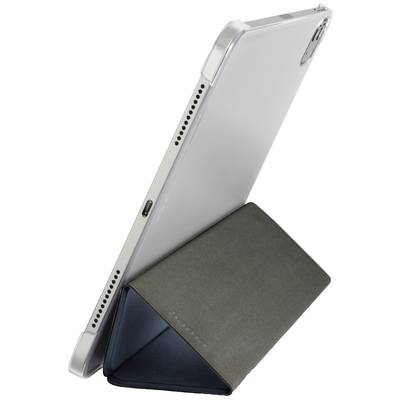 Un tablet con un supporto grigio a forma di triangolo che lo tiene in posizione verticale. Il supporto sembra stabile e funzionale.