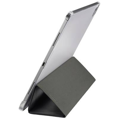 Un tablet è posizionato in modo inclinato su un supporto pieghevole a forma di triangolo. Il supporto offre stabilità per la visualizzazione laterale del tablet.