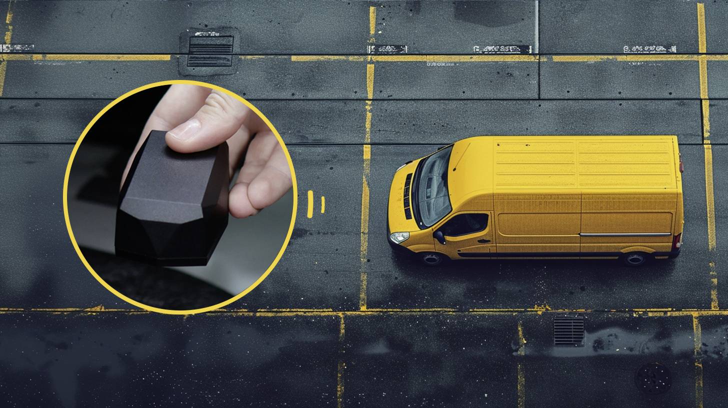 Furgone giallo nel parcheggio. Primo piano di un dispositivo nero in mano, presumibilmente un tracker GPS.