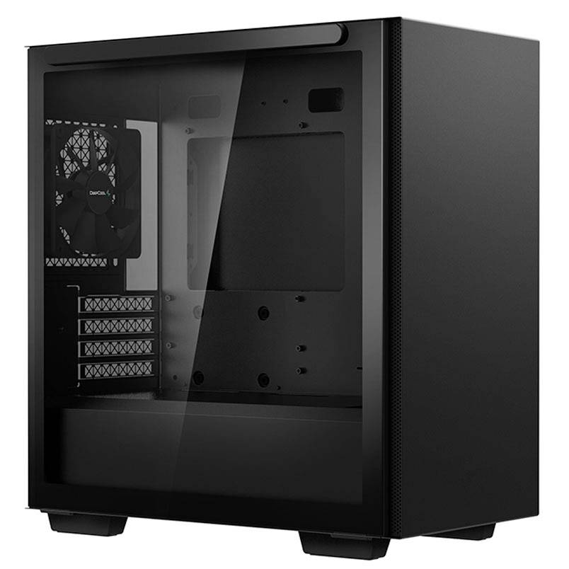 Custodia per computer nera con finestra laterale trasparente, tre alloggiamenti per ventole, vani liberi e pannello frontale con porte di connessione.