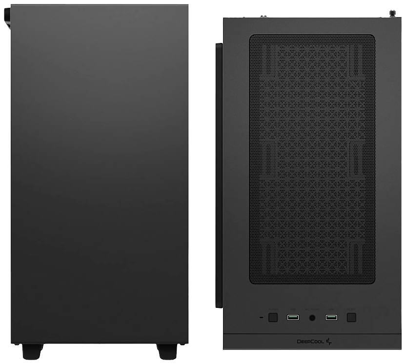 Due case per computer nere, vista frontale e dall'alto, con superficie liscia anteriormente, superiormente con griglia di ventilazione e due porte USB.