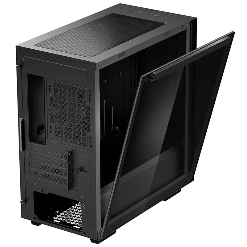 Un case per computer nero aperto con pannello laterale in vetro che consente una vista interna dei componenti hardware.