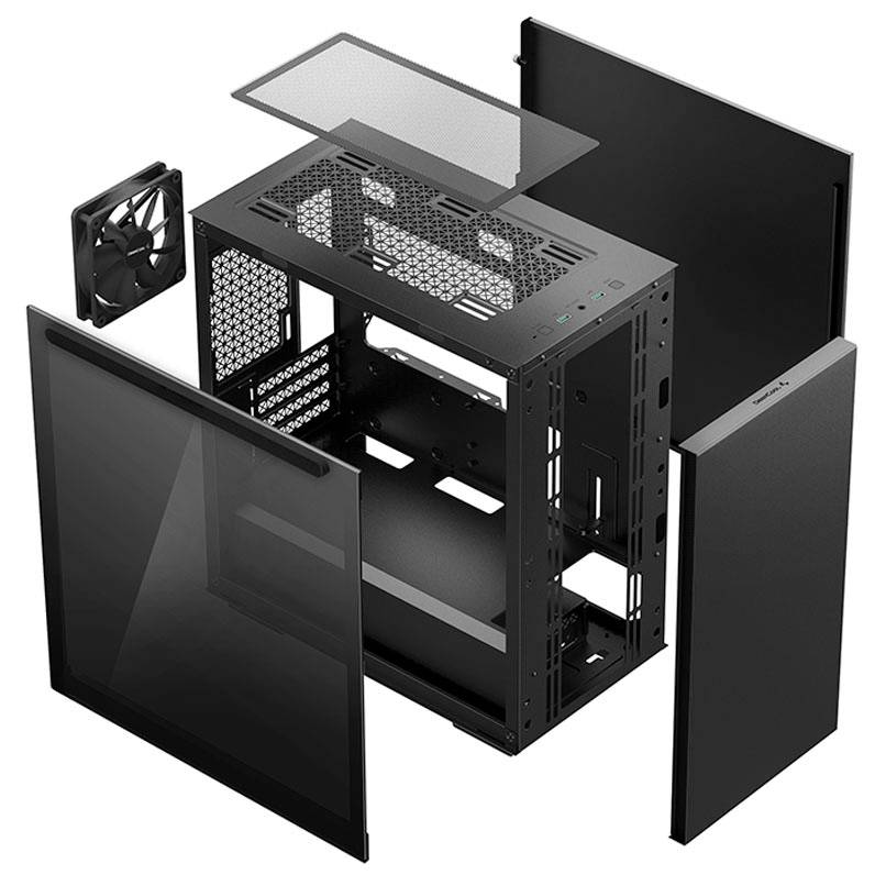 Rappresentazione esplosa di un case per computer con pannelli laterali rimossi, copertura frontale e ventole, che mostra la struttura interna.