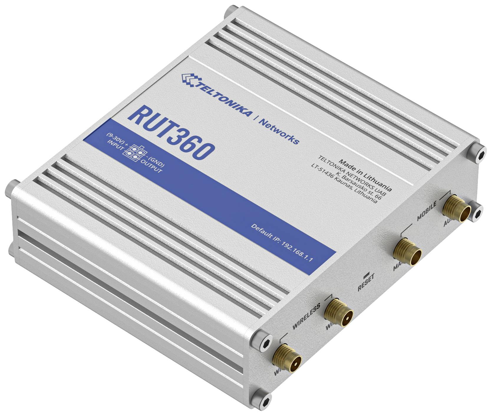 Modem metallico e rettangolare con la scritta 'RUT360', quattro porte e fessure di ventilazione. Prodotto in Lituania.