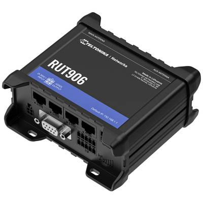 Router industriale RUT906 di Teltonika con più porte Ethernet, interfaccia seriale e slot per schede SIM per connessioni di rete.