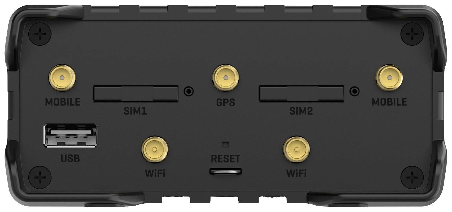 'Dispositivo nero con connettori: due slot per SIM, GPS, USB e tre porte per antenna. Tasti per Reset e WiFi.'