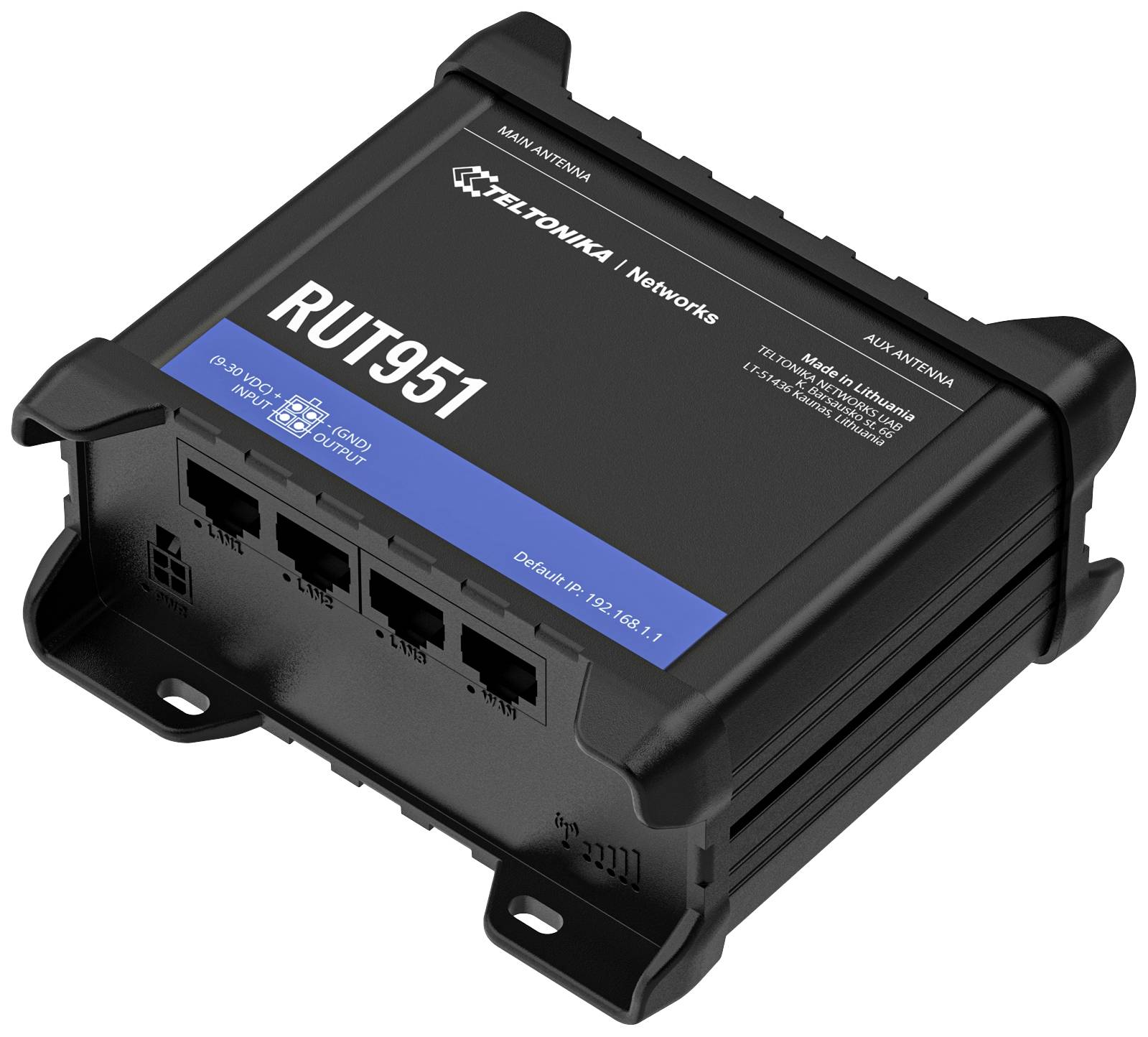 Un router nero con quattro porte Ethernet, con il nome del marchio sulla parte superiore. Modello: RUT951, adatto per applicazioni di rete.