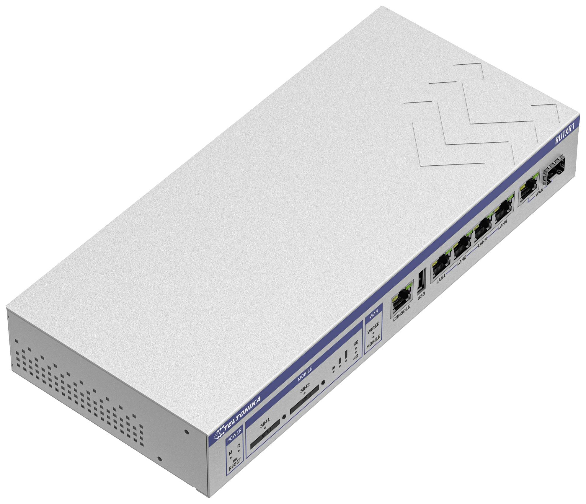 Un interruttore di rete rettangolare con cinque porte Ethernet, porte USB e fessure di ventilazione sul lato, adatto per connessioni di rete.