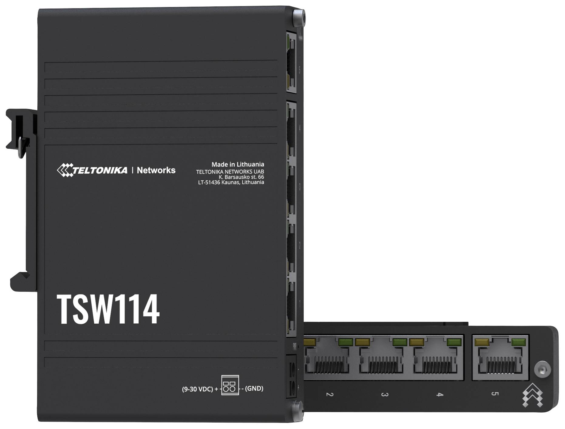 Switch di rete nero Schwarzer TSW114 con cinque porte Ethernet, connessione di alimentazione e etichetta 'TELTONIKA NETWORKS'. Fabbricato in Lituania.