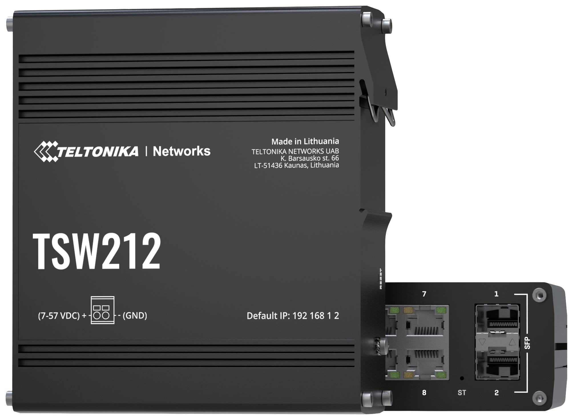 Lo switch Ethernet industriale 'Teltonika Networks TSW212' dispone di 8 porte, inclusi 2 slot SFP, e supporta un'alimentazione da 7-57 VDC.