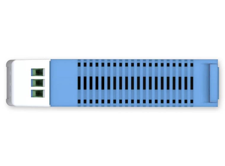 Una chiavetta USB blu con elementi bianchi e neri viene mostrata dall'alto. Il suo design sottile domina l'immagine.