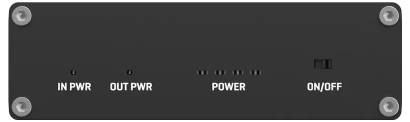 Pannello di controllo nero con quattro viti agli angoli ed etichette di stato: IN PWR, OUT PWR, POWER, e ON/OFF.