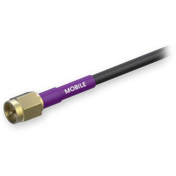 Cavo coassiale con connettore a vite e marcatura viola con il testo 'Mobile'.
