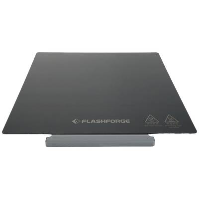 Superficie 'Flashforge' per stampanti 3D con avvisi di sicurezza sul bordo e rivestimento nero moderno.