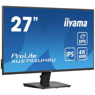 Monitor da 27" con etichetta 'iiyama ProLite XU2792UHSU'. Caratteristiche: IPS, 4K UHD, DPS.