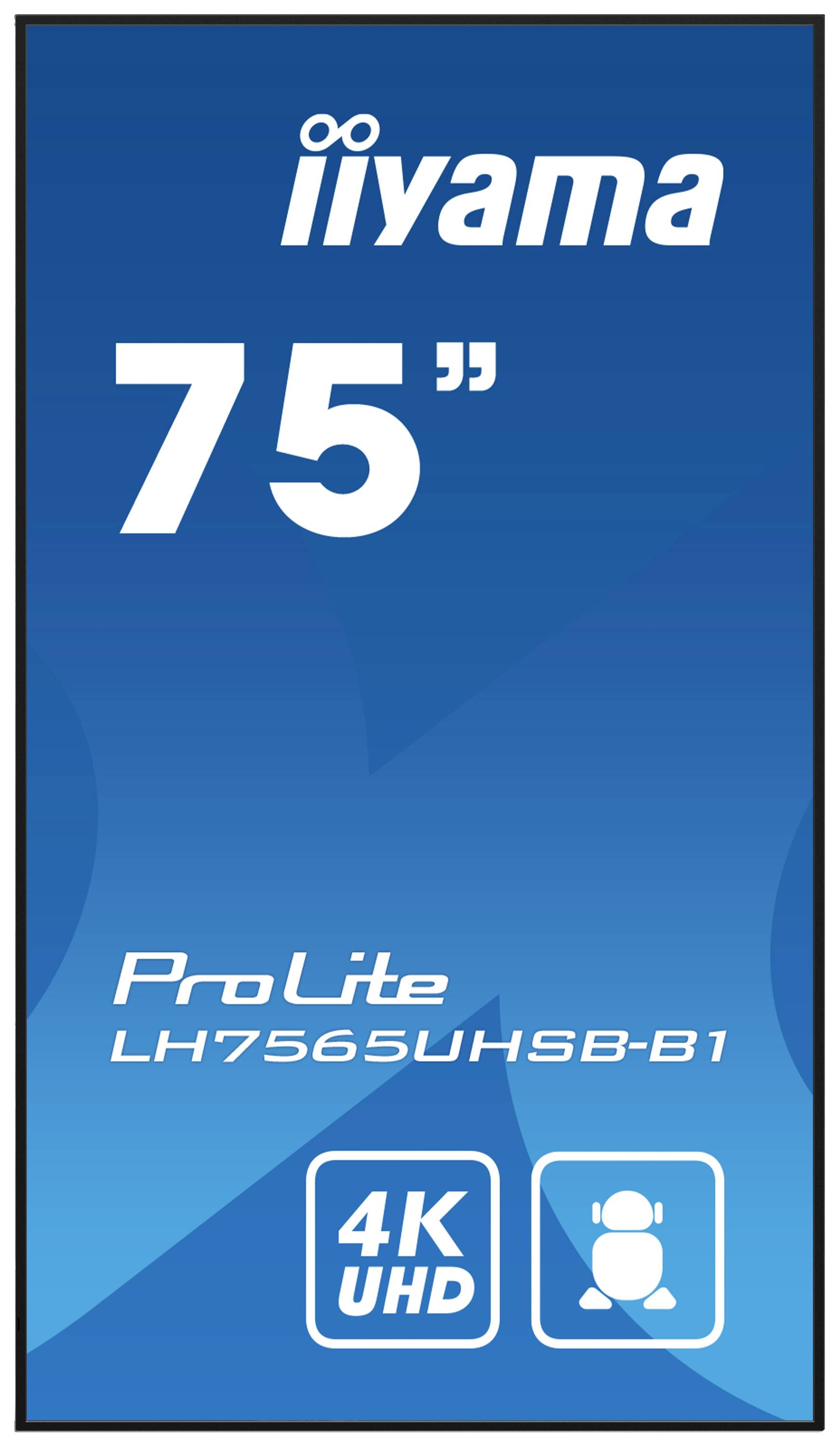 Grande schermo blu con testo '75"', 'ProLite', numero modello 'LH7565UHSB-B1', e simboli per 4K UHD e altoparlanti.