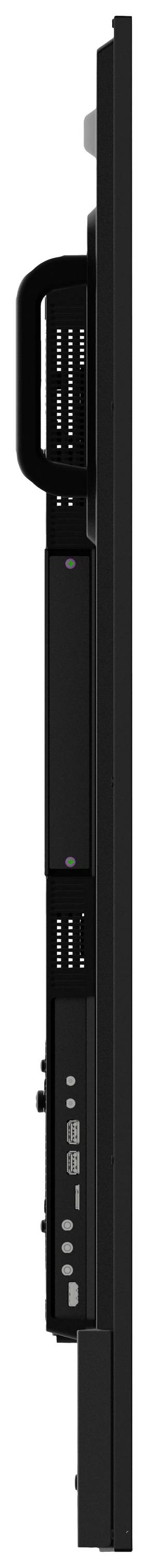 Vista laterale di un dispositivo elettronico nero con diverse porte e una maniglia sul retro.