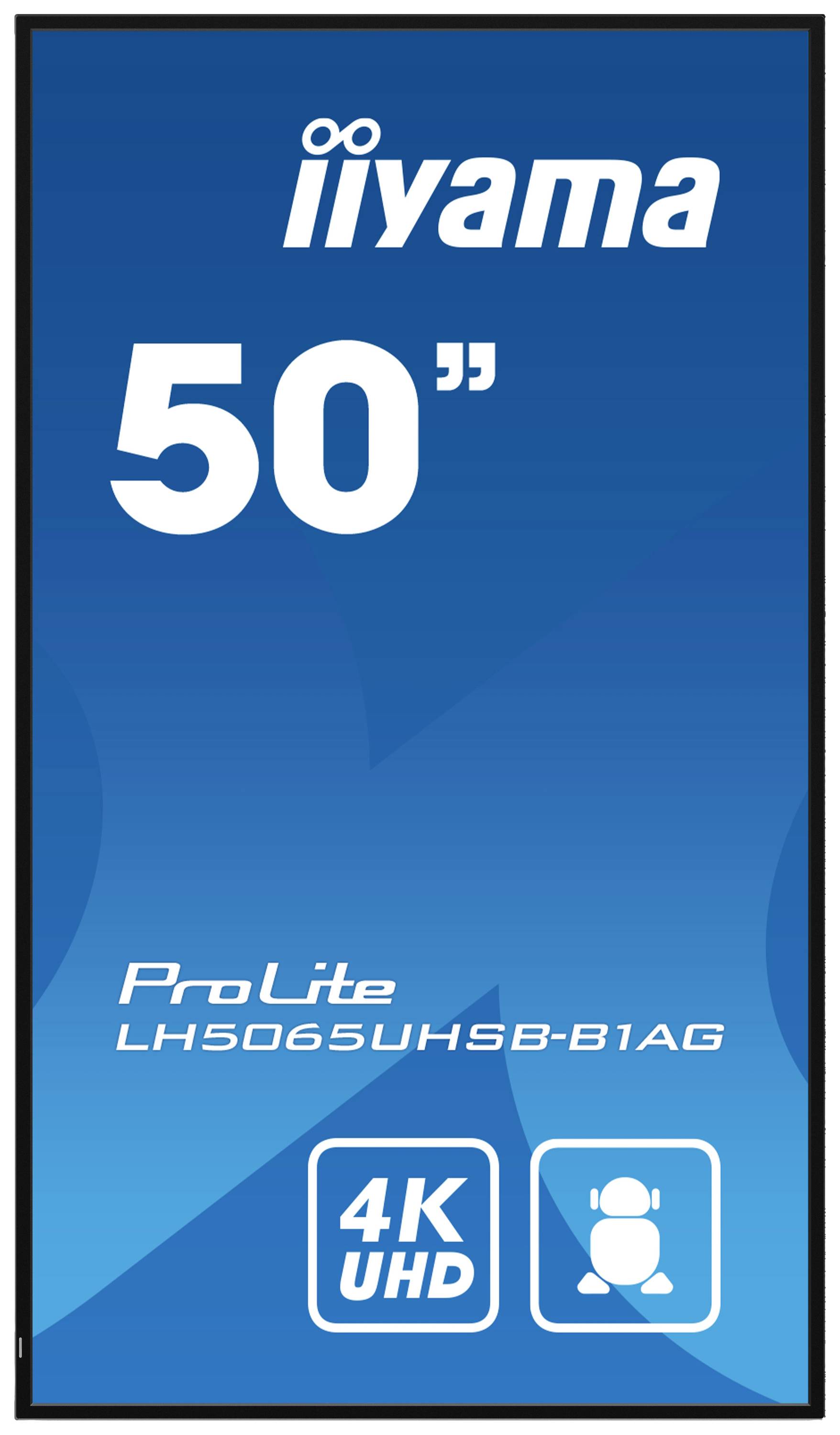 Uno schermo blu mostra 'iiyama 50"', numero di modello 'ProLite LH5065UHSB-B1AG' e simboli per '4K UHD' e 'Utente'.
