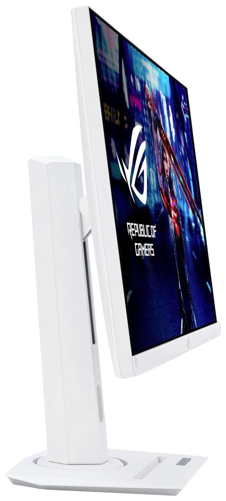 Un monitor bianco per computer, visto di lato, che mostra un paesaggio urbano futuristico con illuminazione colorata sullo schermo.