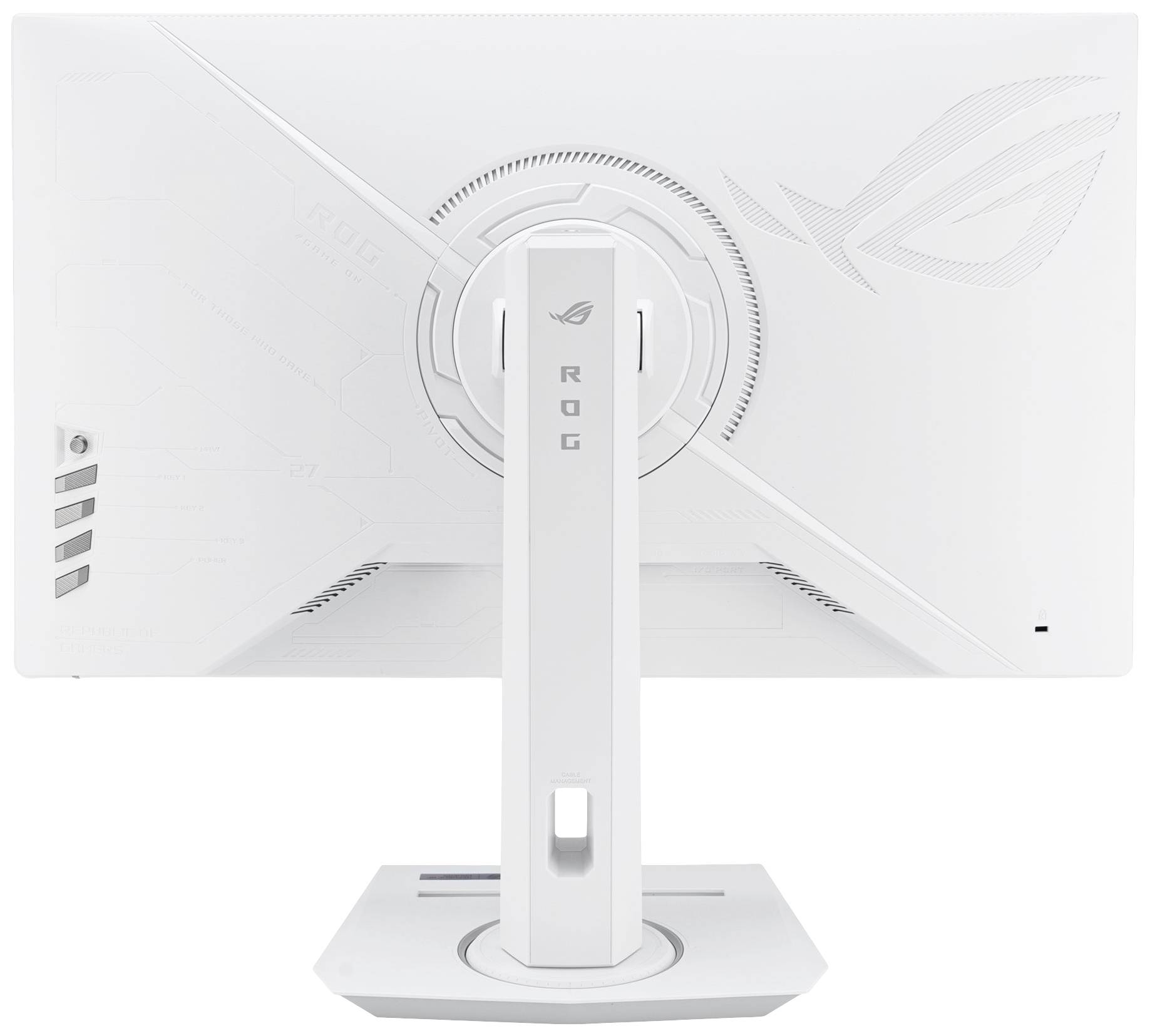 Un monitor bianco per computer visto da dietro, con fessure di ventilazione e un piedistallo. Marcatura di testo inclusa: 'ROG'.