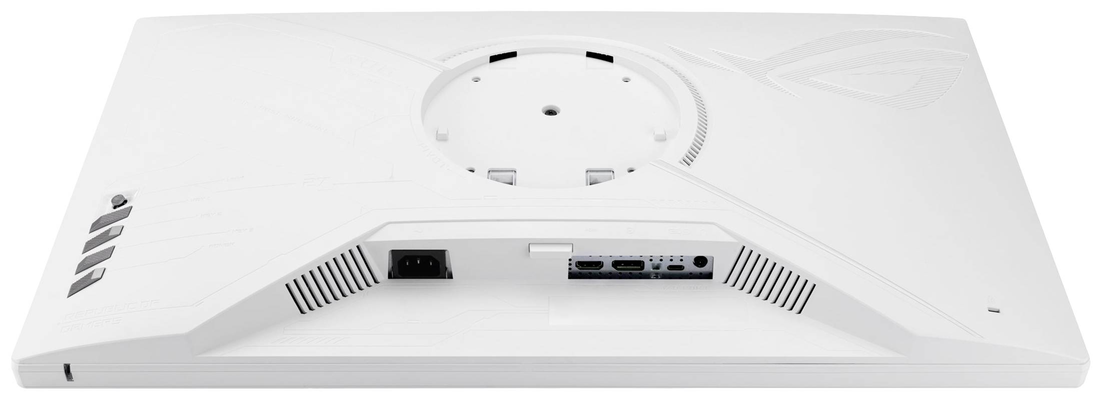 Retro di un monitor bianco per computer con porte e fessure di ventilazione visibili.