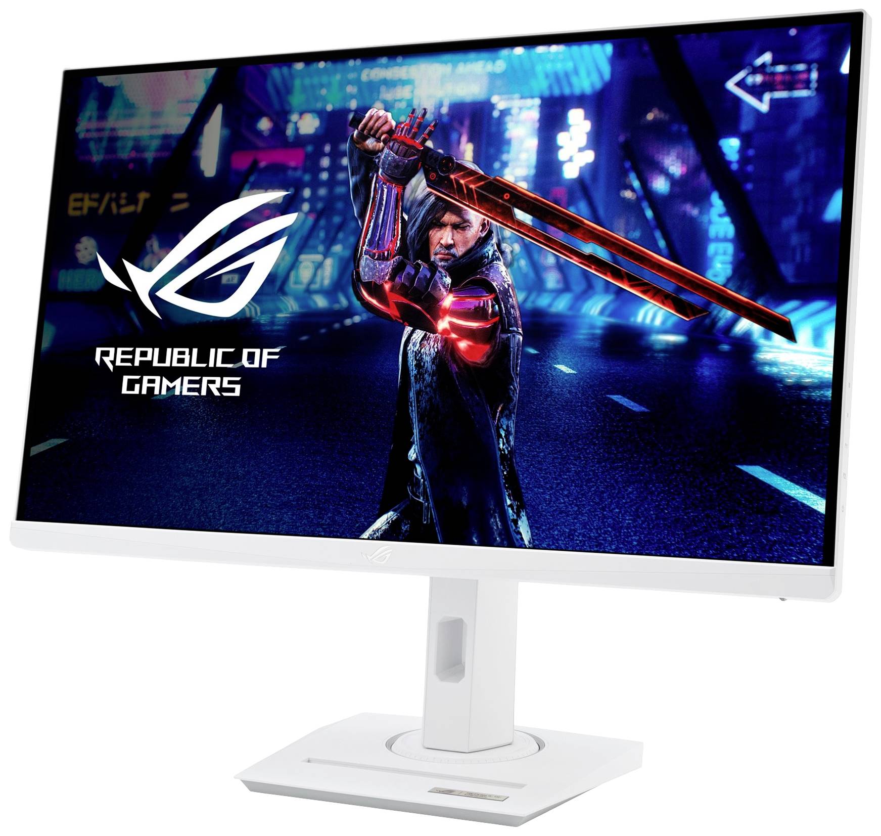 Monitor con l'immagine di un personaggio di gioco futuristico con una spada rossa, accanto al logo 'Republic of Gamers'.
