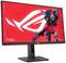 Un monitor da gaming con un robot futuristico su uno sfondo rosso, con il logo ROG a sinistra.