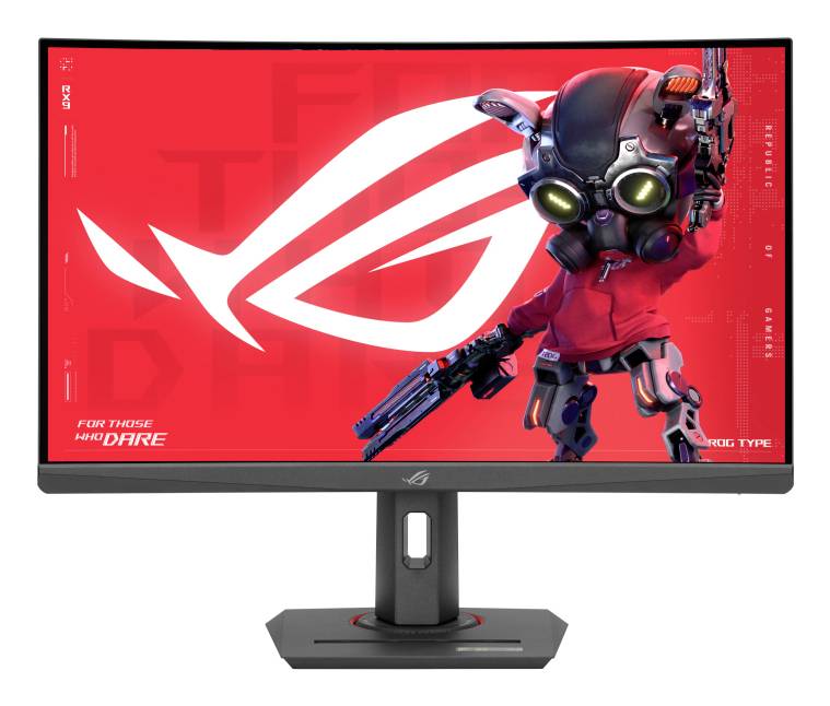 Monitor ROG con sfondo rosso, raffigura una mascotte robot in un abito futuristico con un'arma.