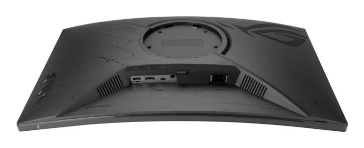 Retro di un monitor per computer con diverse porte di connessione e un piedistallo sottile.