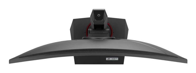 Un monitor curvo per computer visto dall'alto, con retro ventilato e meccanismi di regolazione, adatto per gaming o ufficio.