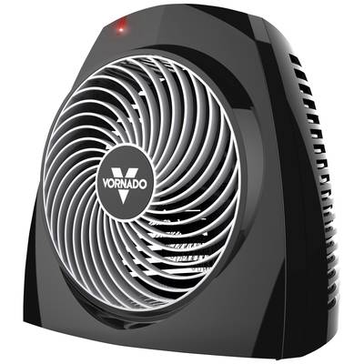 Termoventilatore nero Vornado con griglia a spirale, adatto per ambienti piccoli. Un indicatore rosso lampeggia in alto a sinistra.