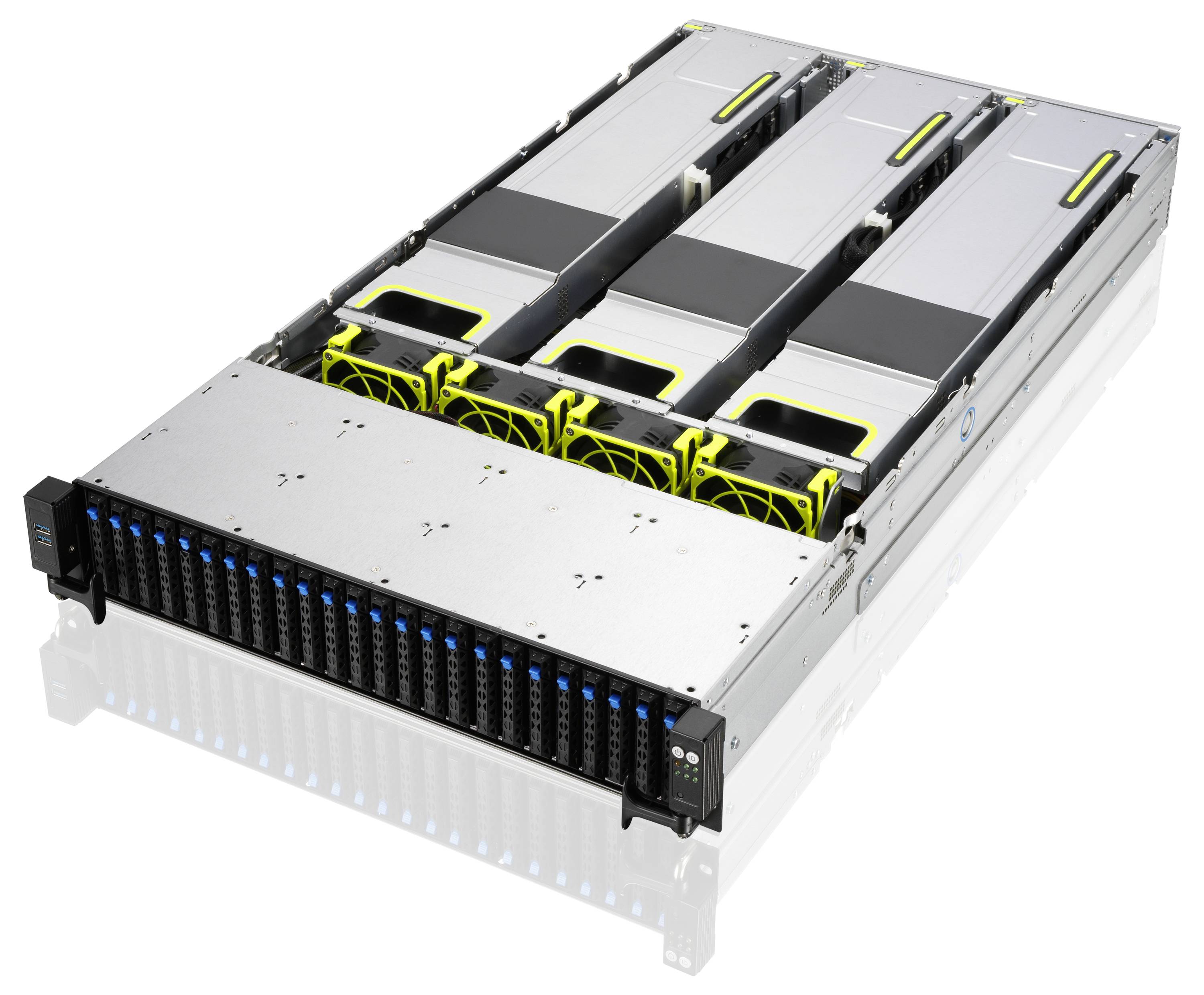 Un rack per server con tre grandi moduli di raffreddamento e diversi alloggiamenti per hard disk in basso, visto dall'alto in un data center.