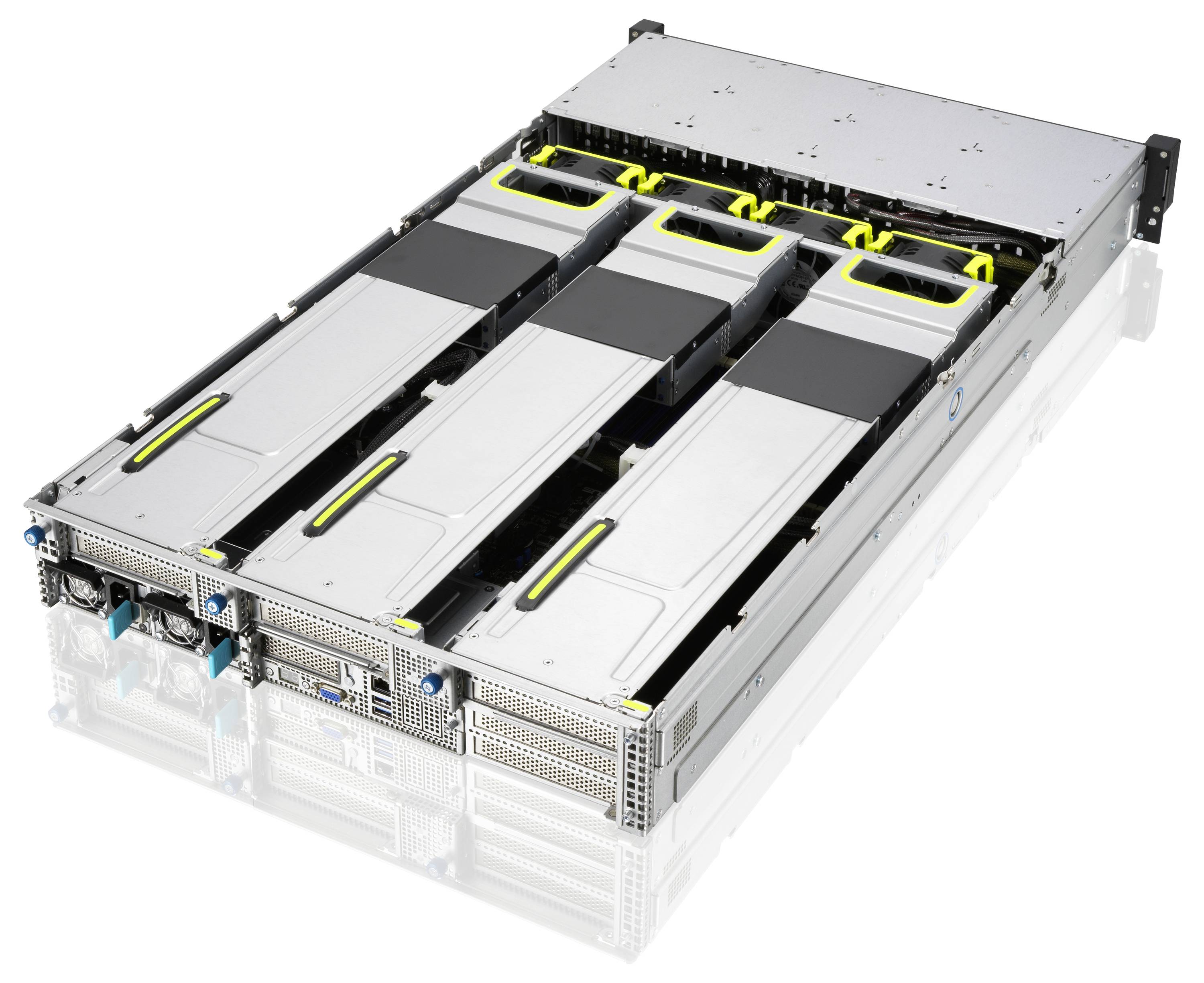 Un telaio server con tre alloggiamenti interconnessi mostra la struttura hardware interna di un server di un data center.